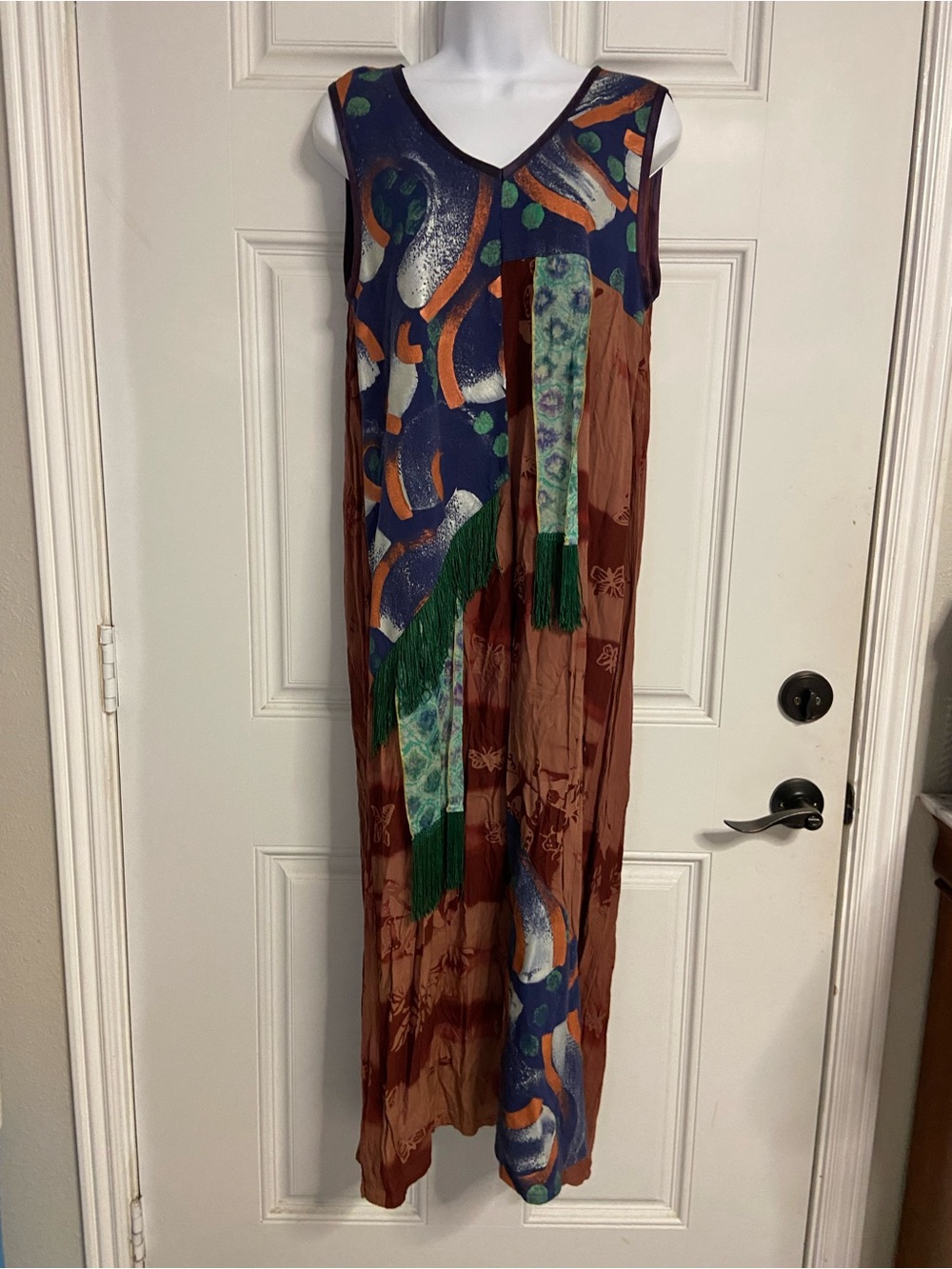 T43- EMELGI Earthy Colored BATIK-ARSTY-GEOMETRIC Patchwork Midi HAWAIIAN Dress